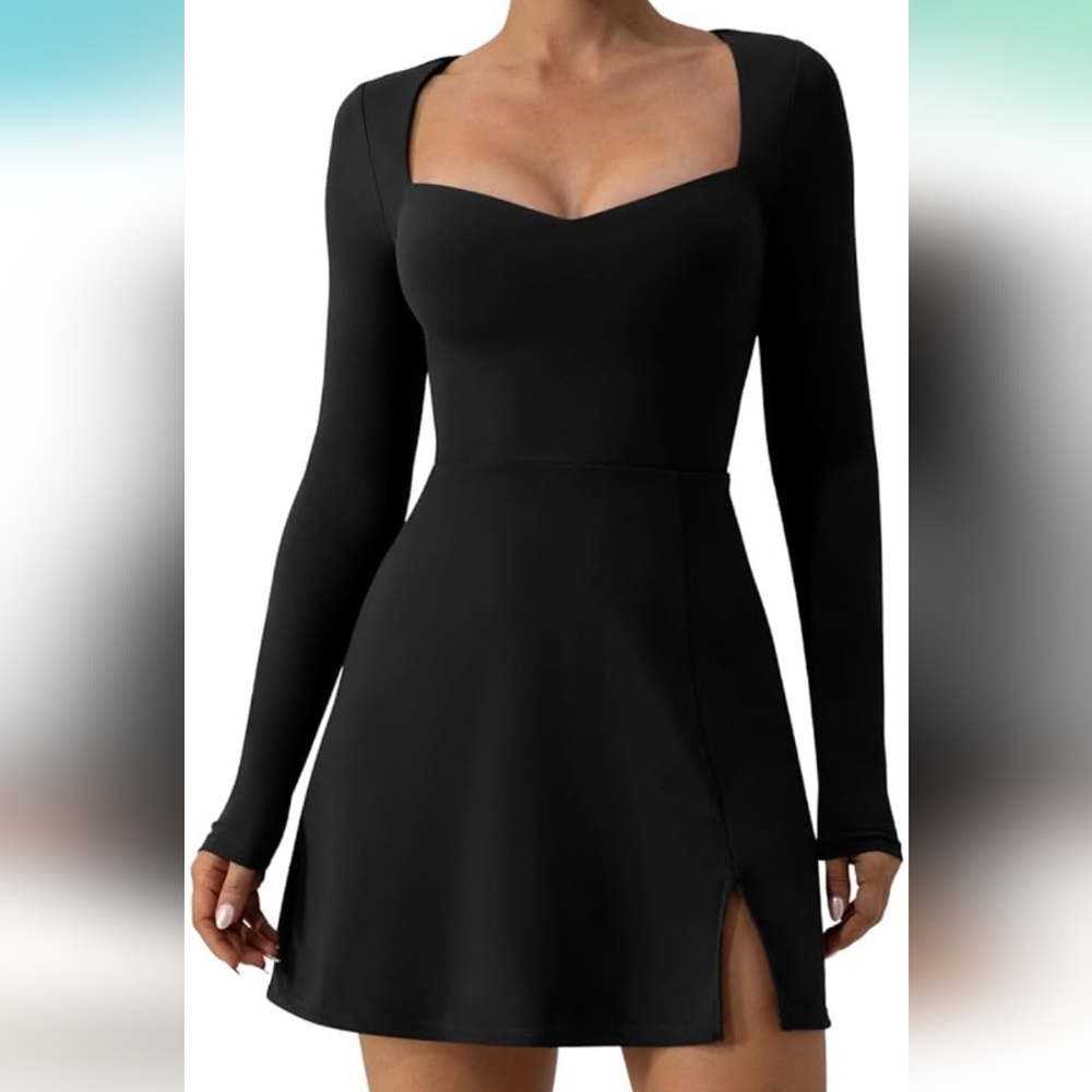 Women's Sweettheart Neckline Long Sleeve Dress Side Slit Stretch Flare M…